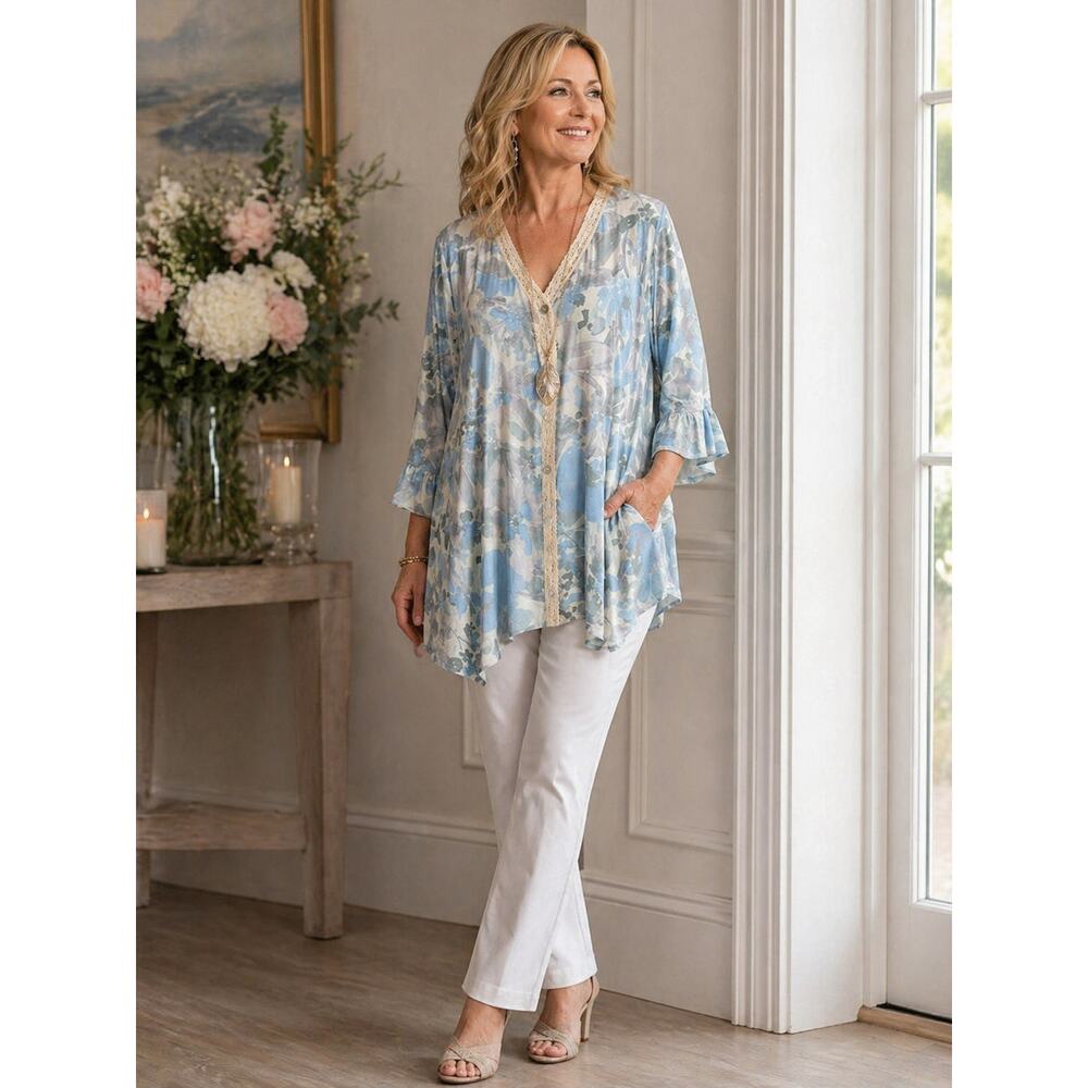 LOGO Lori Goldstein Blue Print Lace Trim Cardigan Ruffle Sleeve L
